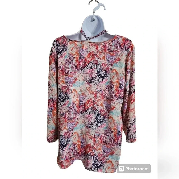 Cato Large Paisley Bell Sleeve Tie Neck Boho Blouse Multicolor Top Peasant Prep - Picture 4 of 8